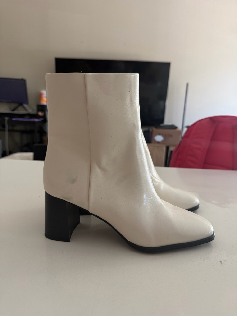 Nordstrom Cream Square-Toe Block Heel Ankle Boots